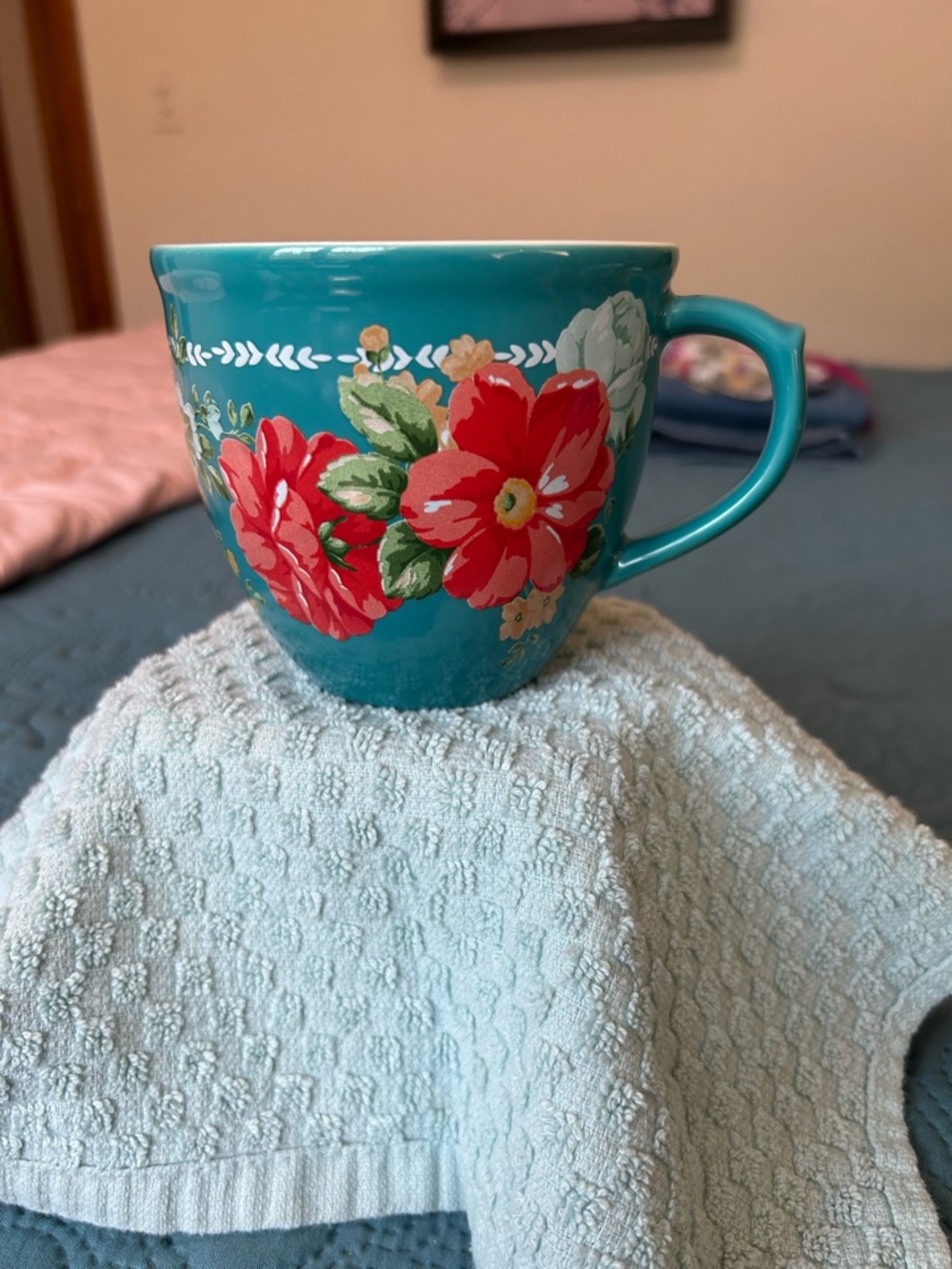 Pioneer Woman Teal Floral Ceramic Coffee Mug with Pink-Red Blooms